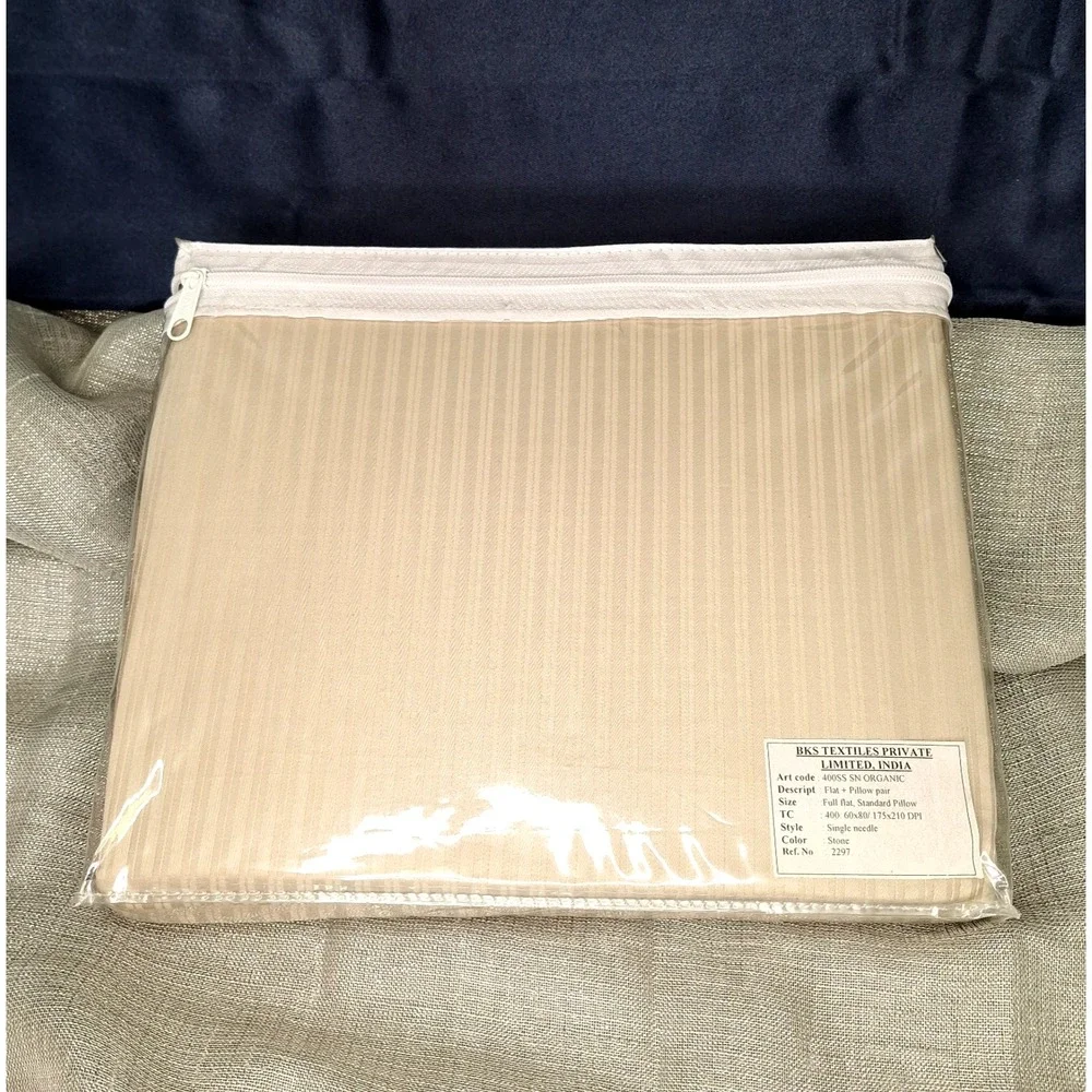 BKS Textiles Organic Full Flat + Pillow Pair Stone Ribbed Stripe Beige 400 Count